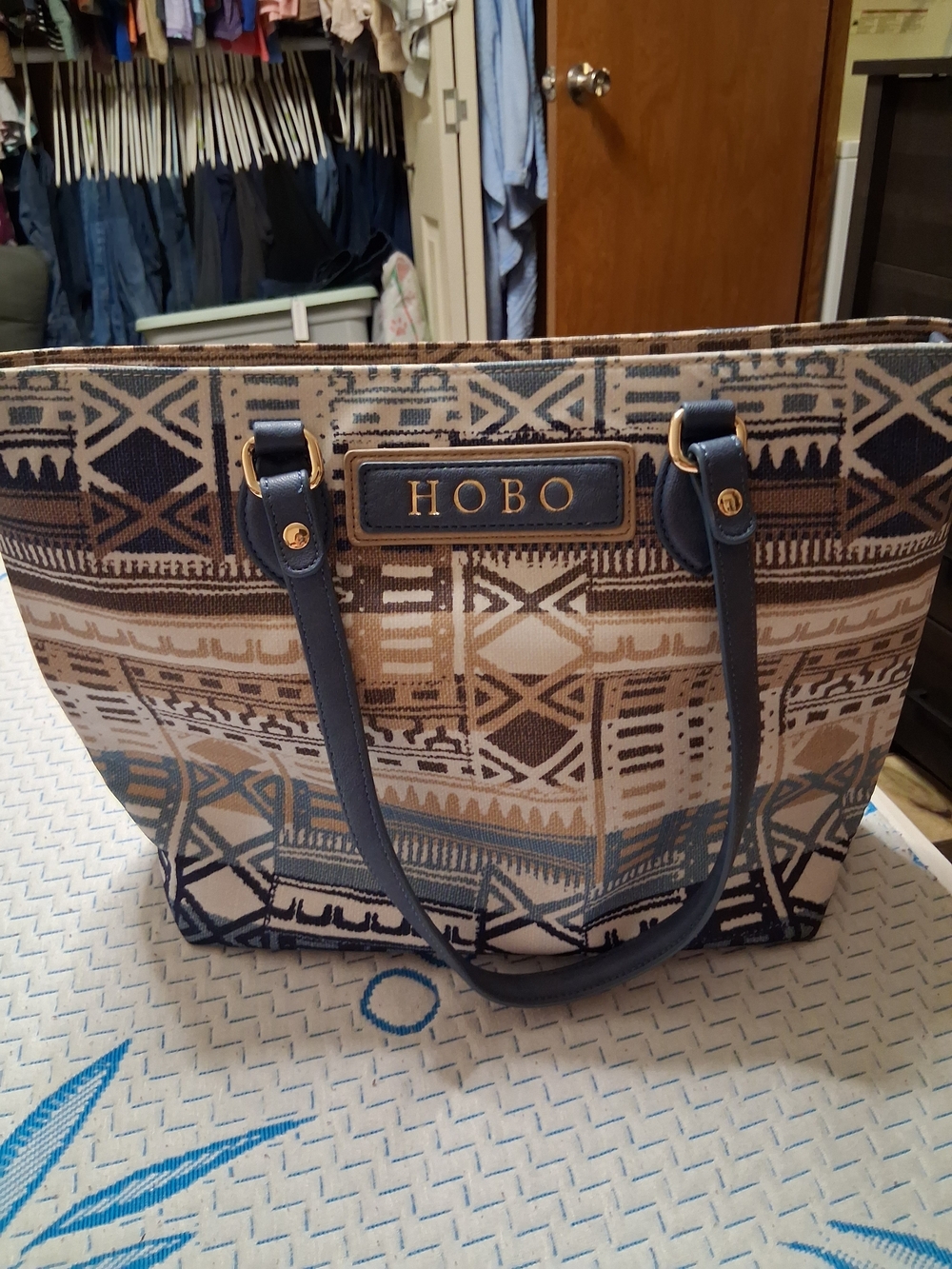 HOBO Navy and Tan Patterned Tote Bag